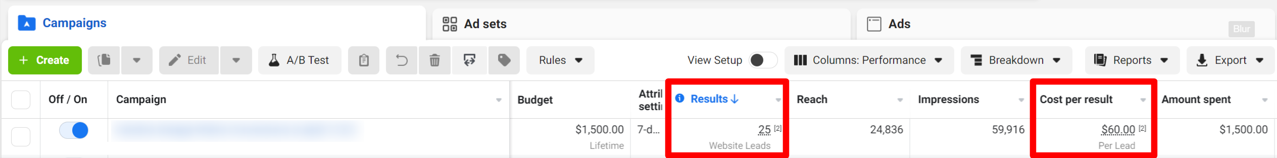 Facebook Ads Manager campaign performance data