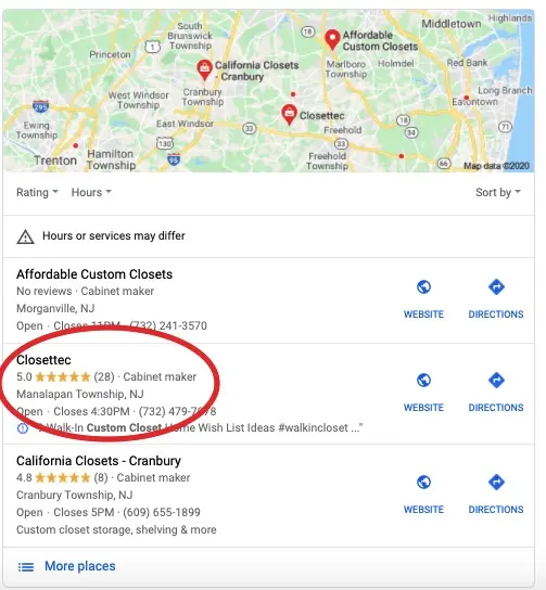 Closettec SEO ranking improvement showing first page results