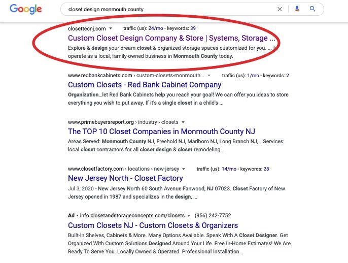 Closettec organic traffic growth from SEO campaign
